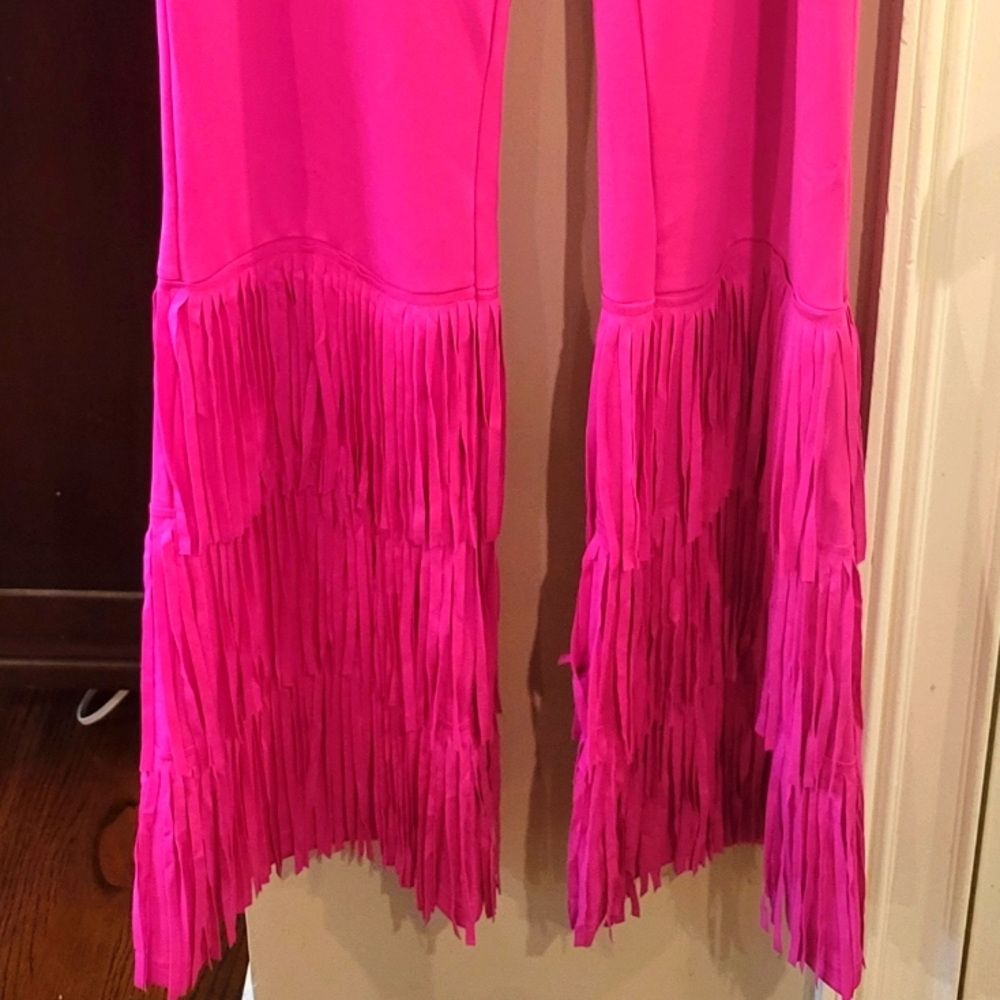 Hot pink pants with fringe and rhinestone belt
